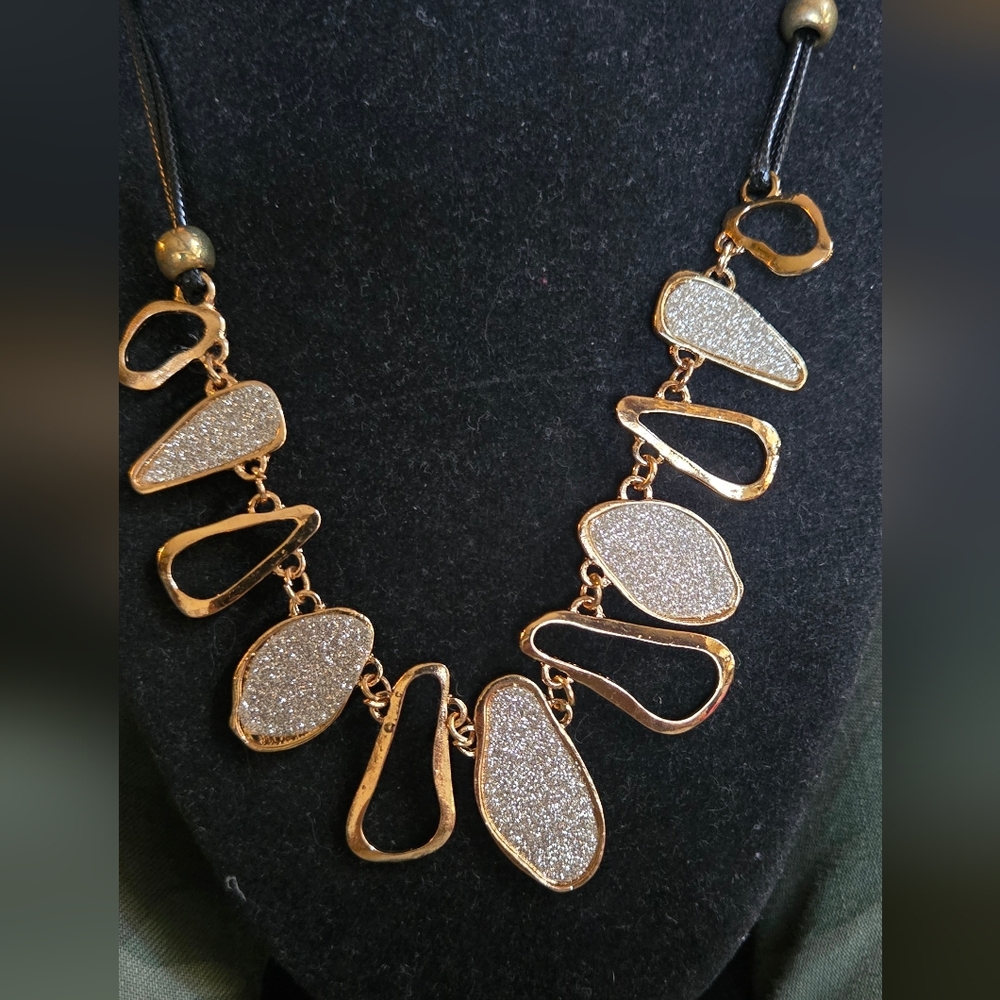 Gold and Silver Leather Statement Necklace 11"/22" Adjustable - Picture 3 of 4